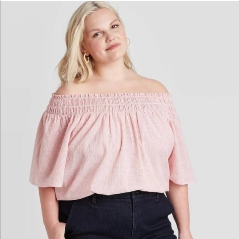A New Day Blouse Short Sleeve Red Pink Striped Smocked Off the Shoulder Top